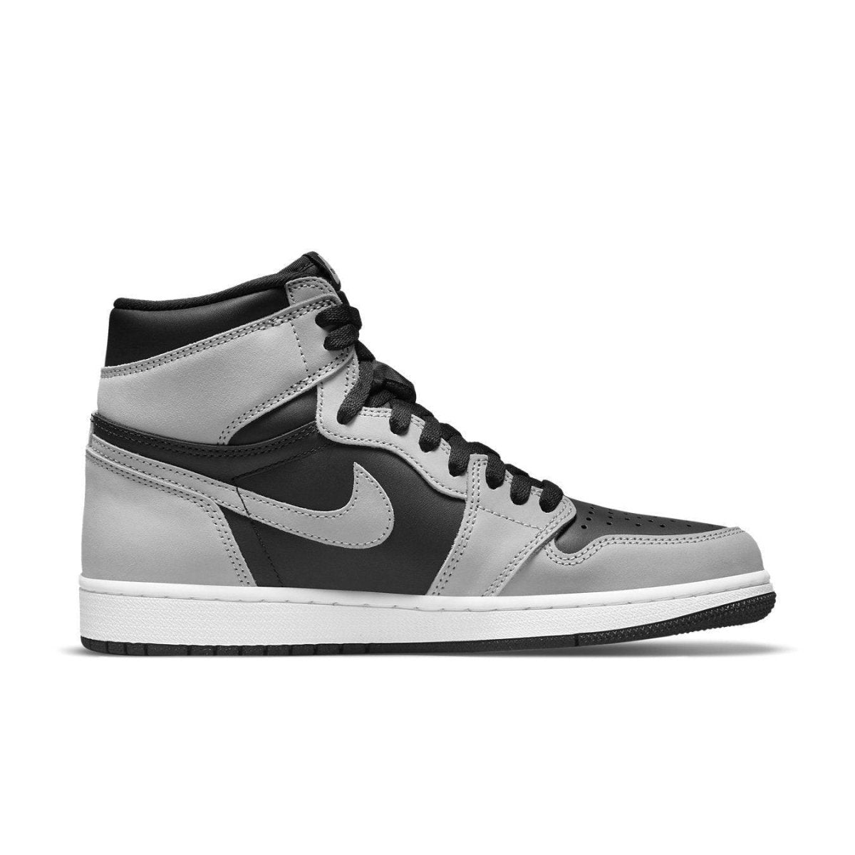 Air Jordan 1 Retro High Shadow 2.0 in black and grey leather, featuring classic Nike Air branding.