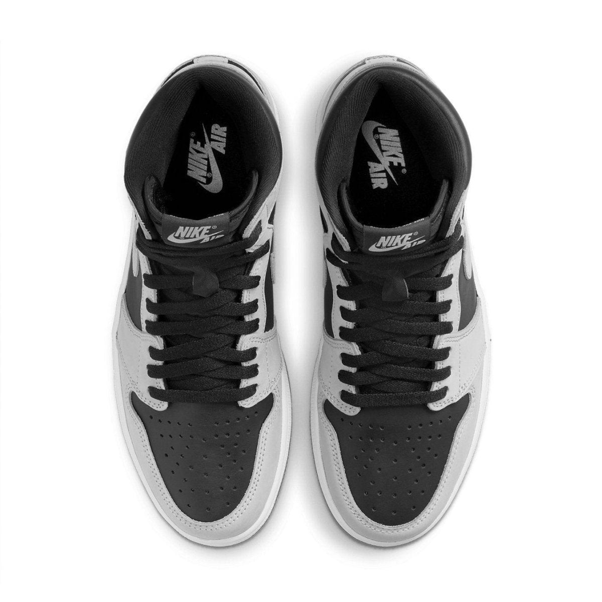 Top view of Air Jordan 1 Retro High Shadow 2.0 in black and grey colorway with Nike Air branding.