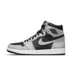 Air Jordan 1 Retro High Shadow 2.0 in black and grey, featuring suede and leather upper, Nike Air branding.