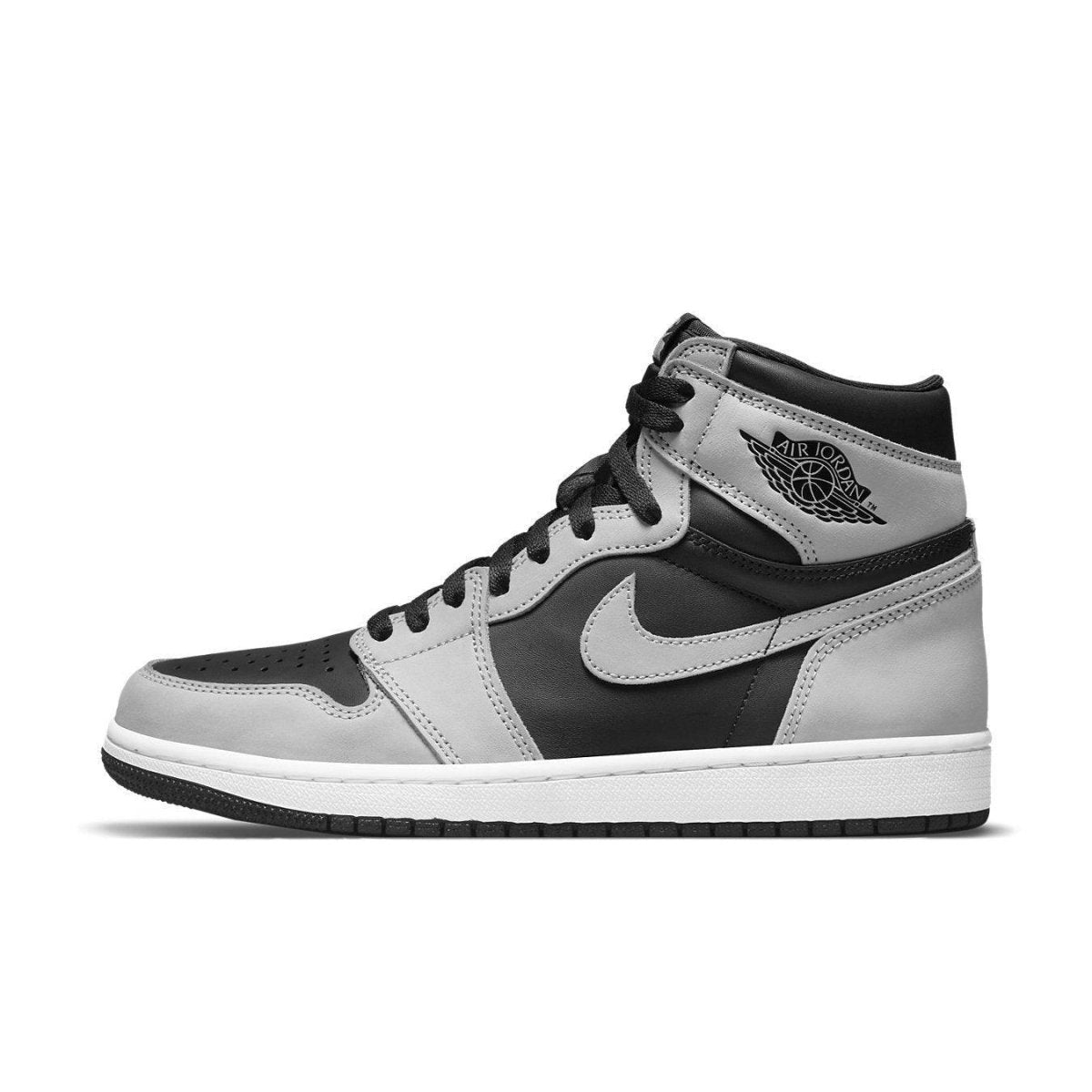 Air Jordan 1 Retro High Shadow 2.0 in black and grey, featuring suede and leather upper, Nike Air branding.