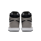 Retro 2018 Nike Air Jordan 1 High Shadow, black and grey leather back view with white sole.