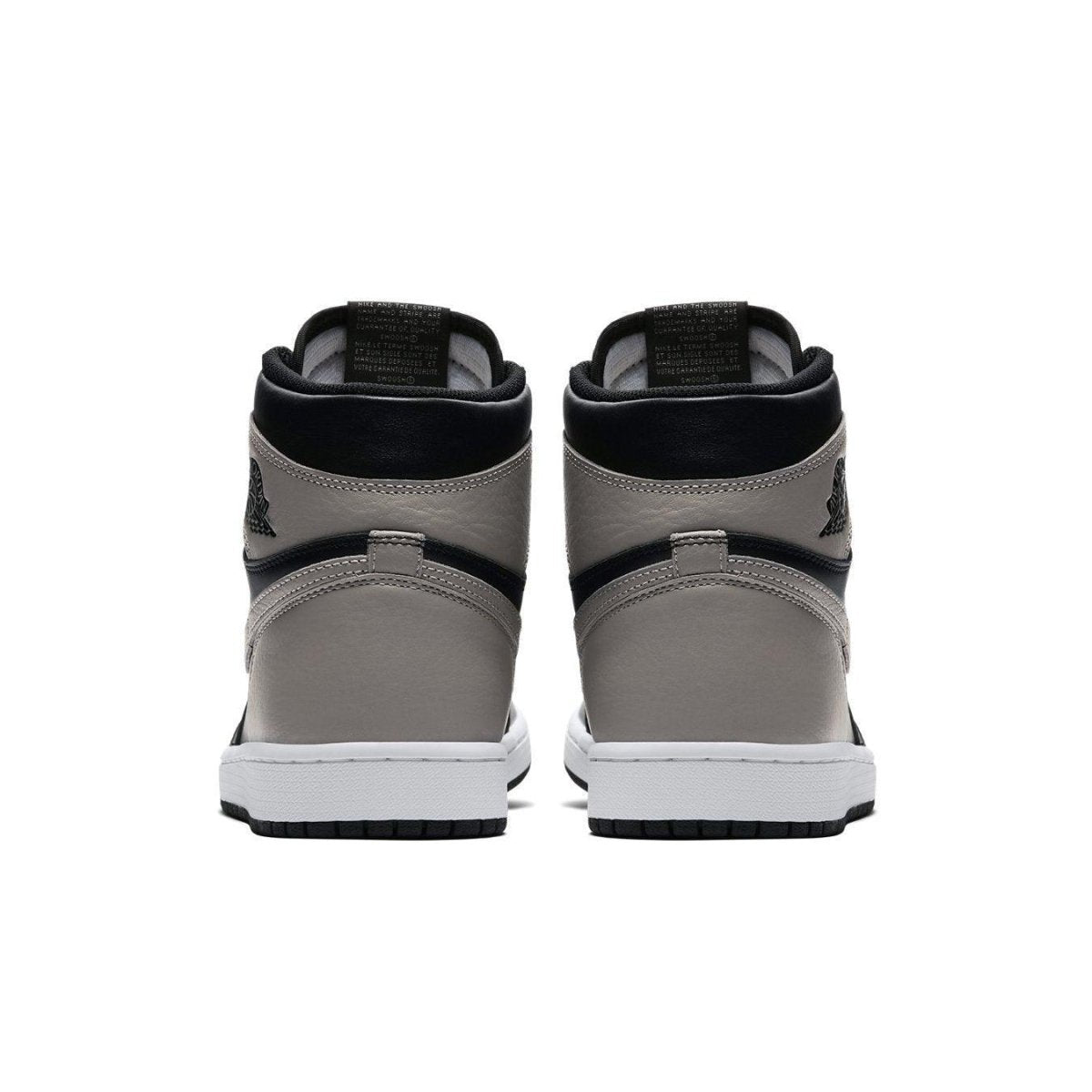 Retro 2018 Nike Air Jordan 1 High Shadow, black and grey leather back view with white sole.