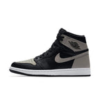 Nike Air Jordan 1 Retro High Shadow 2018 in black and grey with white midsole and Wings logo.