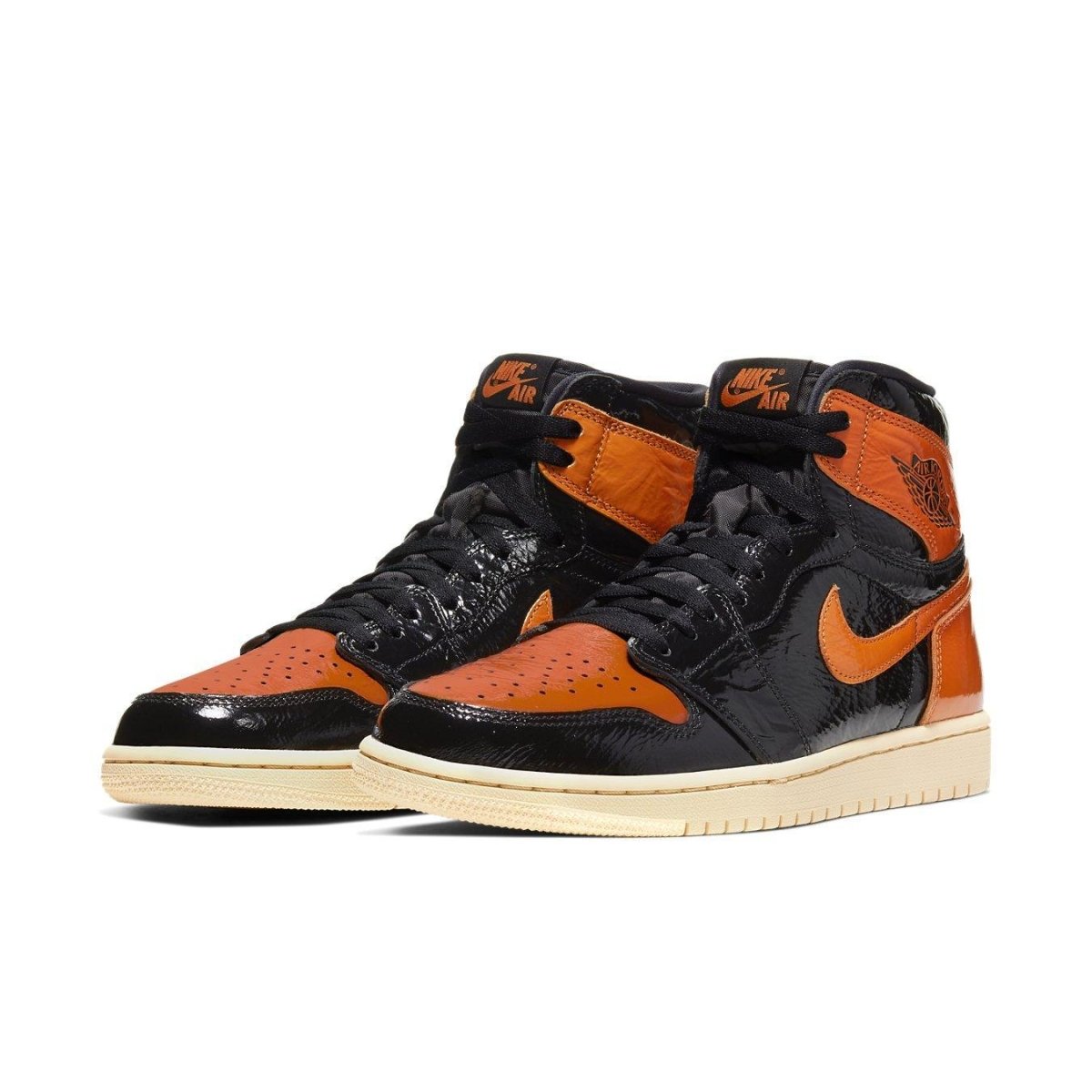 Jordan 1 Retro High Shattered Backboard 3.0 in orange and black colorway with patent leather details.