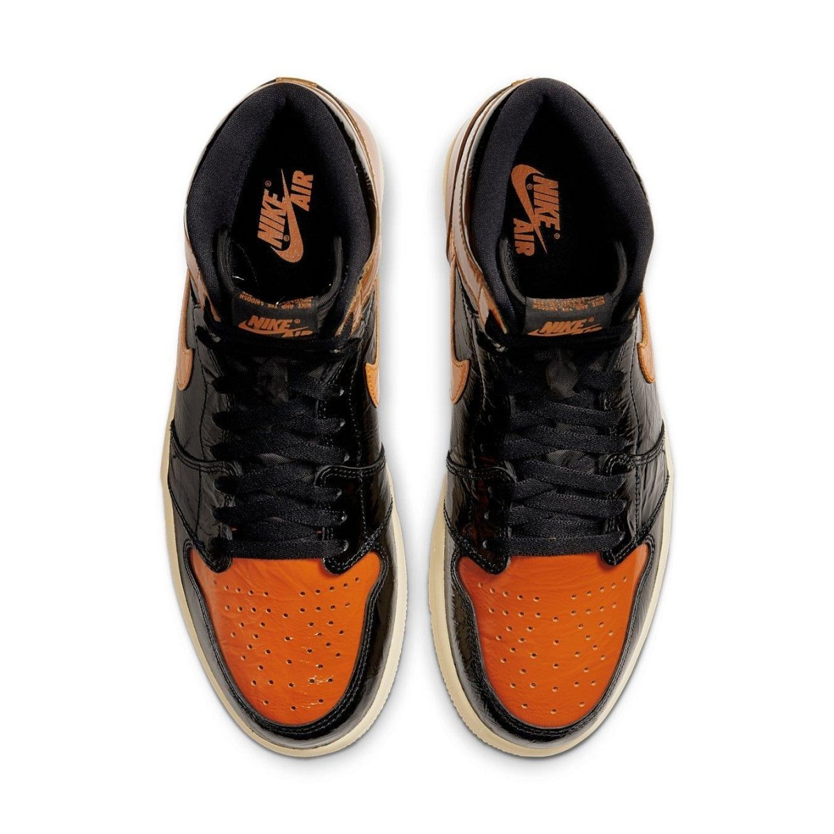 Top view of Jordan 1 Retro High Shattered Backboard 3.0 sneaker in orange and black colorway.