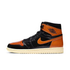 Jordan 1 Retro High Shattered Backboard 3.0 in orange and black patent leather with iconic design.