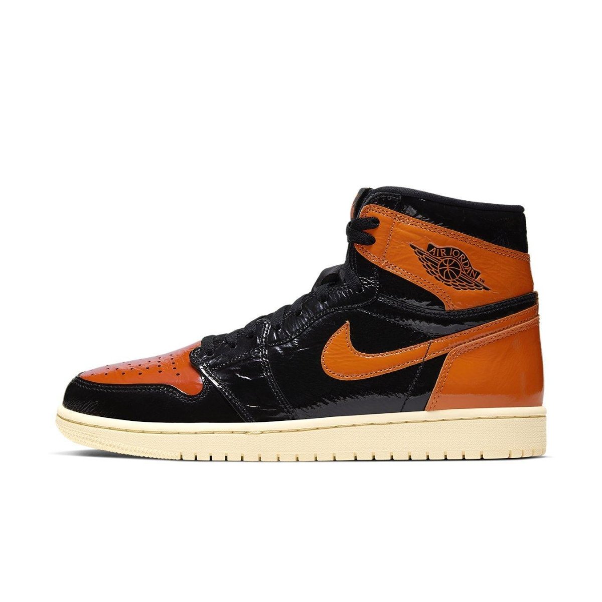 Jordan 1 Retro High Shattered Backboard 3.0 in orange and black patent leather with iconic design.