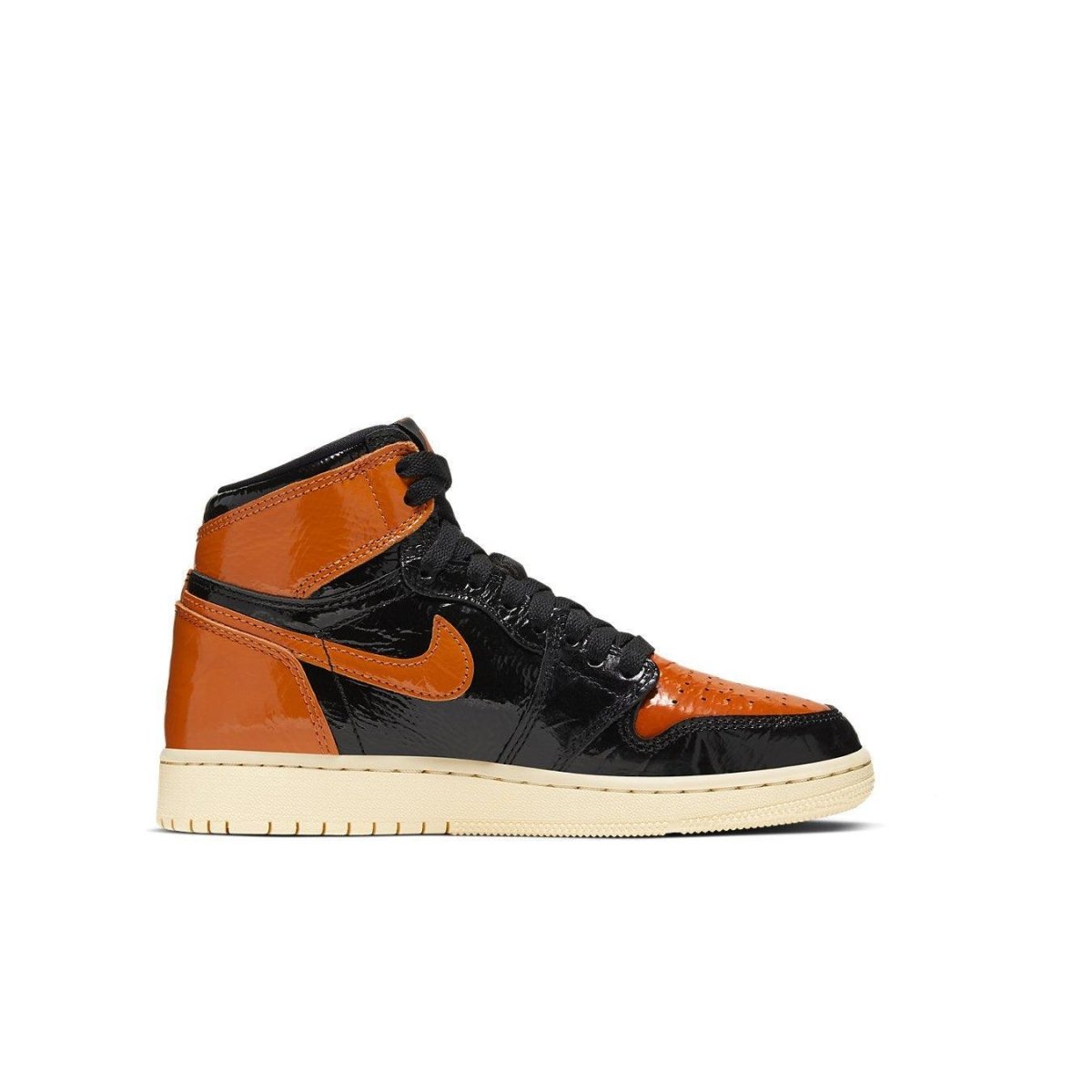 Air Jordan 1 Retro High Shattered Backboard 3.0 (GS) featuring black and orange patent leather.