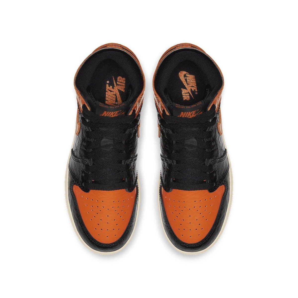 Top view of Air Jordan 1 Retro High Shattered Backboard 3.0 GS sneakers, featuring black and orange color scheme.