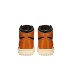 Rear view of Jordan 1 Retro High Shattered Backboard 3.0 (GS) sneakers showcasing the glossy orange and black design.