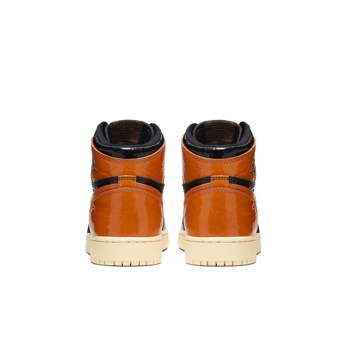Rear view of Jordan 1 Retro High Shattered Backboard 3.0 (GS) sneakers showcasing the glossy orange and black design.