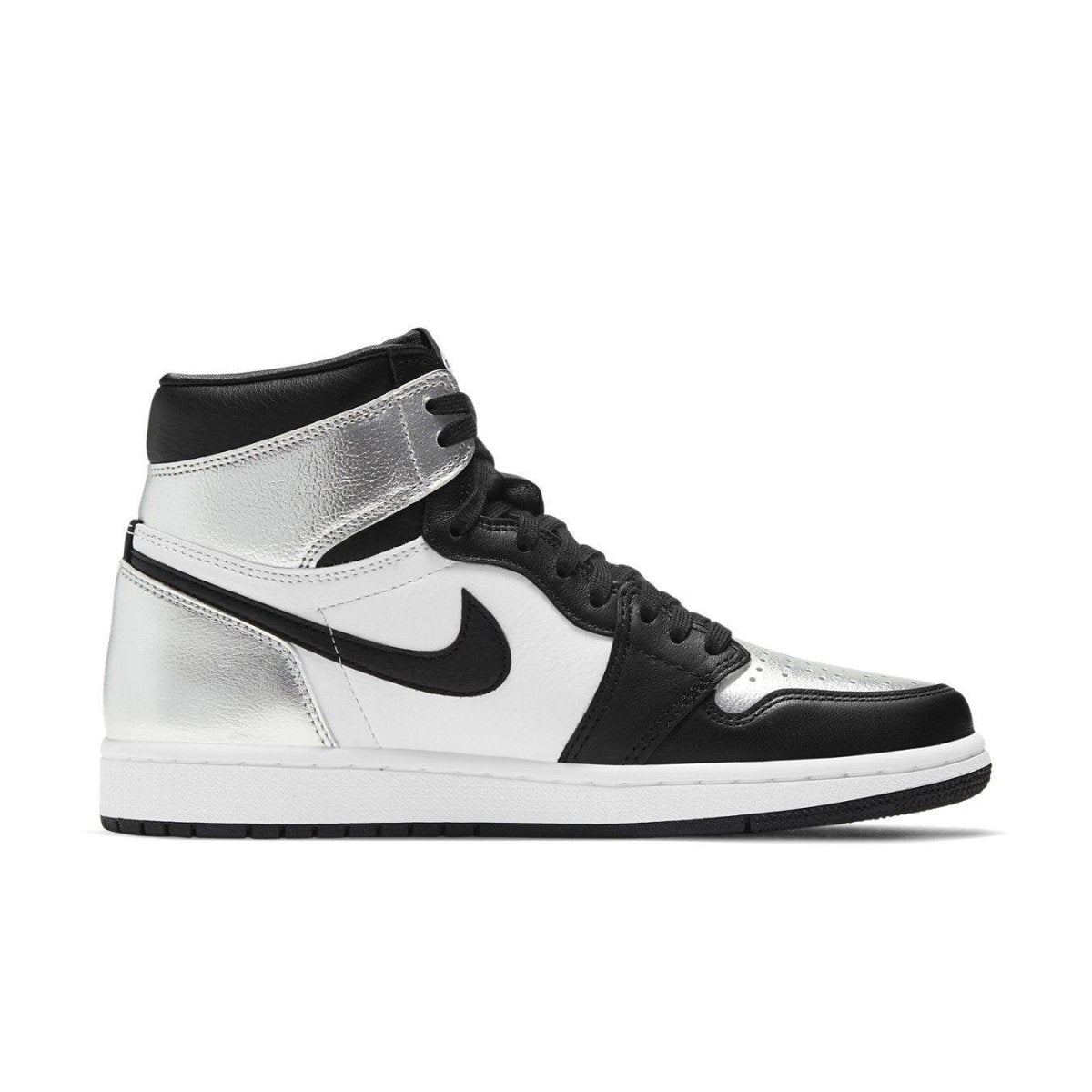 Air Jordan 1 Retro High Silver Toe women's sneakers featuring silver, black, and white colorway.