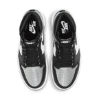 Nike Air Jordan 1 Retro High Silver Toe women's sneakers in black and silver colorway from top view.