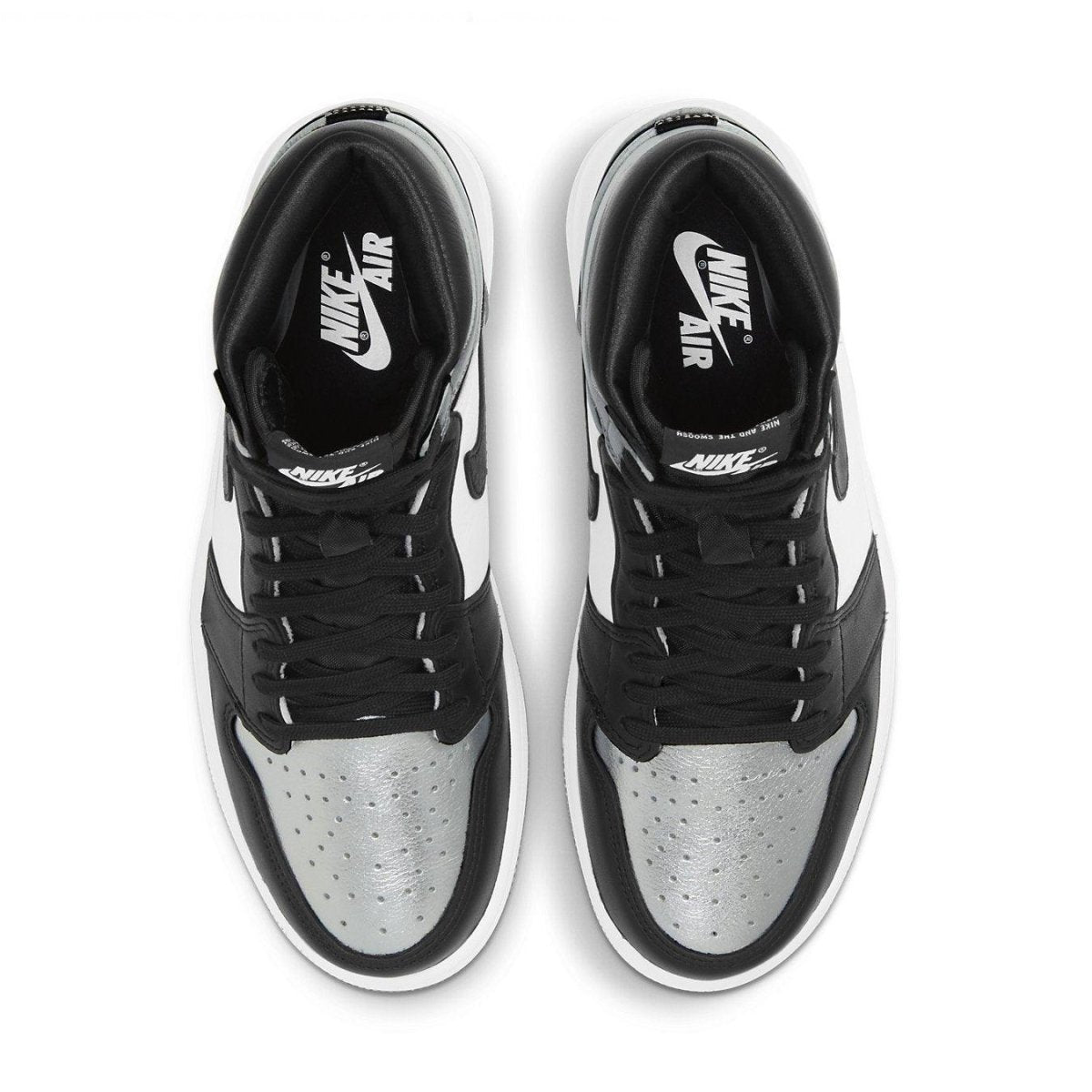 Nike Air Jordan 1 Retro High Silver Toe women's sneakers in black and silver colorway from top view.
