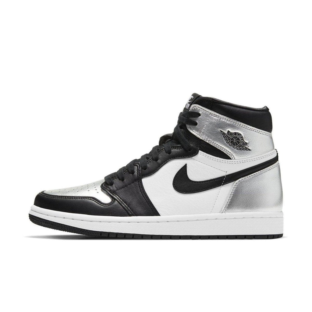 Air Jordan 1 Retro High Silver Toe women's sneakers featuring sleek silver, black, and white colorway for stylish comfort.