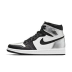 Air Jordan 1 Retro High Silver Toe women's sneakers featuring sleek silver, black, and white colorway for stylish comfort.