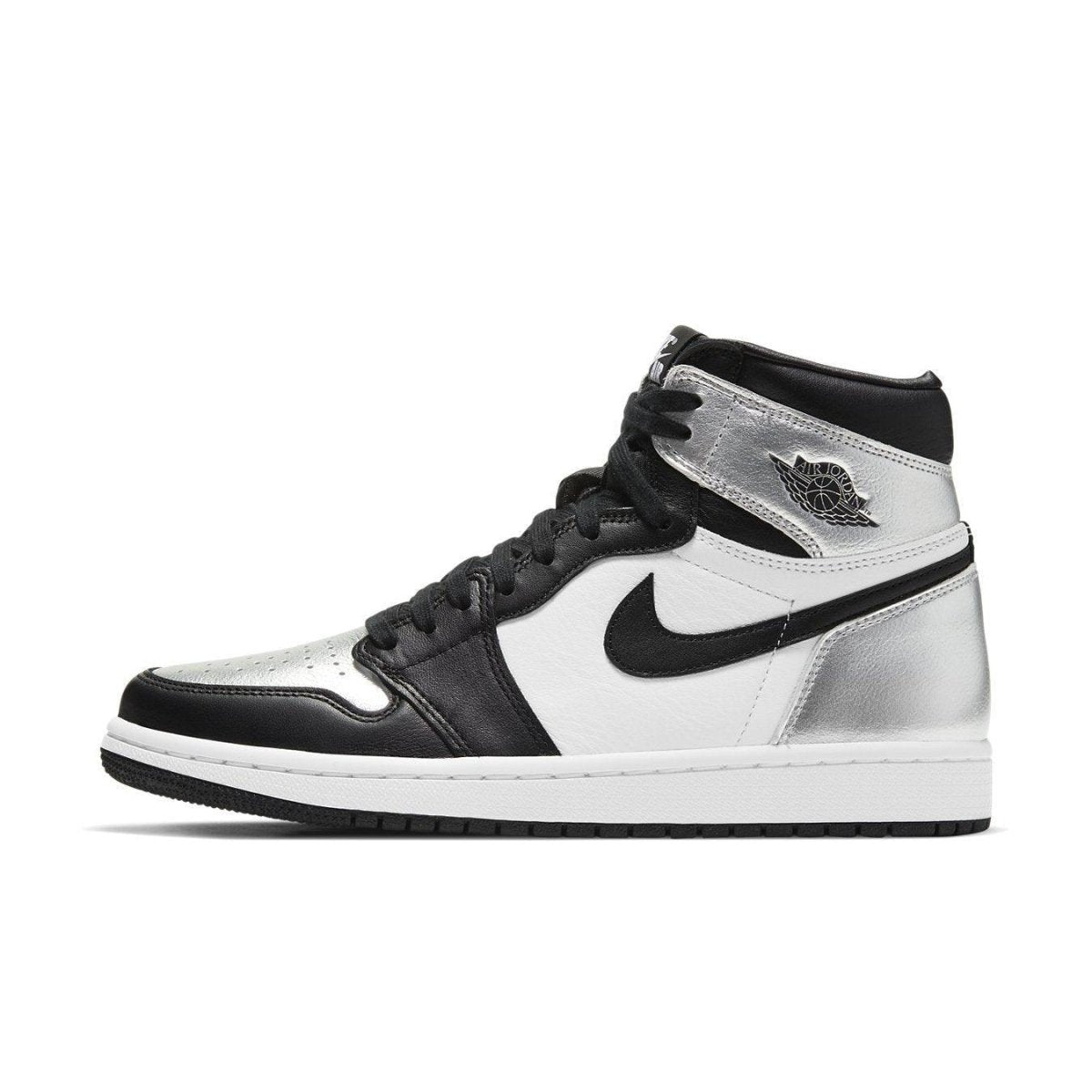 Air Jordan 1 Retro High Silver Toe women's sneakers featuring sleek silver, black, and white colorway for stylish comfort.