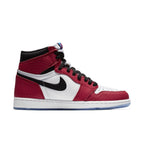 Jordan 1 Retro High Spider-Man Origin Story sneaker featuring red, black, and white colors with reflective materials.