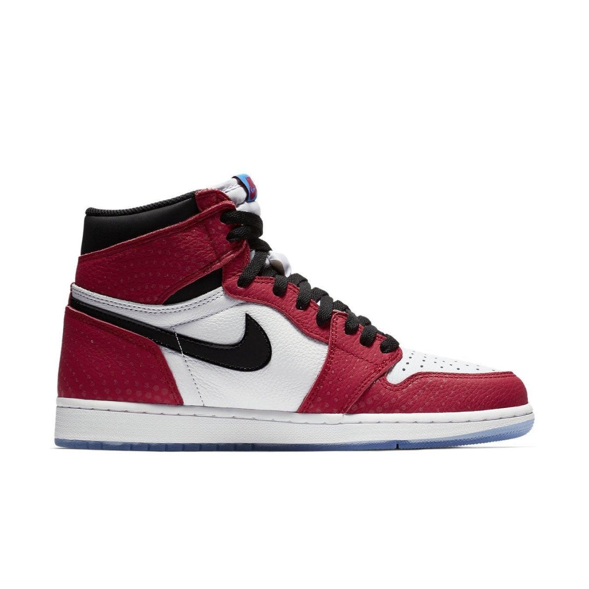 Jordan 1 Retro High Spider-Man Origin Story sneaker featuring red, black, and white colors with reflective materials.