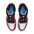 Top view of Jordan 1 Retro High Spider-Man shoes in red, black, and white with blue accents.