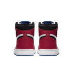Back view of Jordan 1 Retro High Spider-Man Origin Story shoes in red, black, and white with dotted patterns.