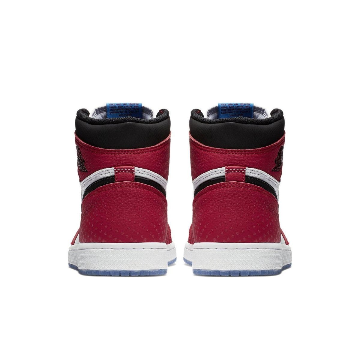 Back view of Jordan 1 Retro High Spider-Man Origin Story shoes in red, black, and white with dotted patterns.