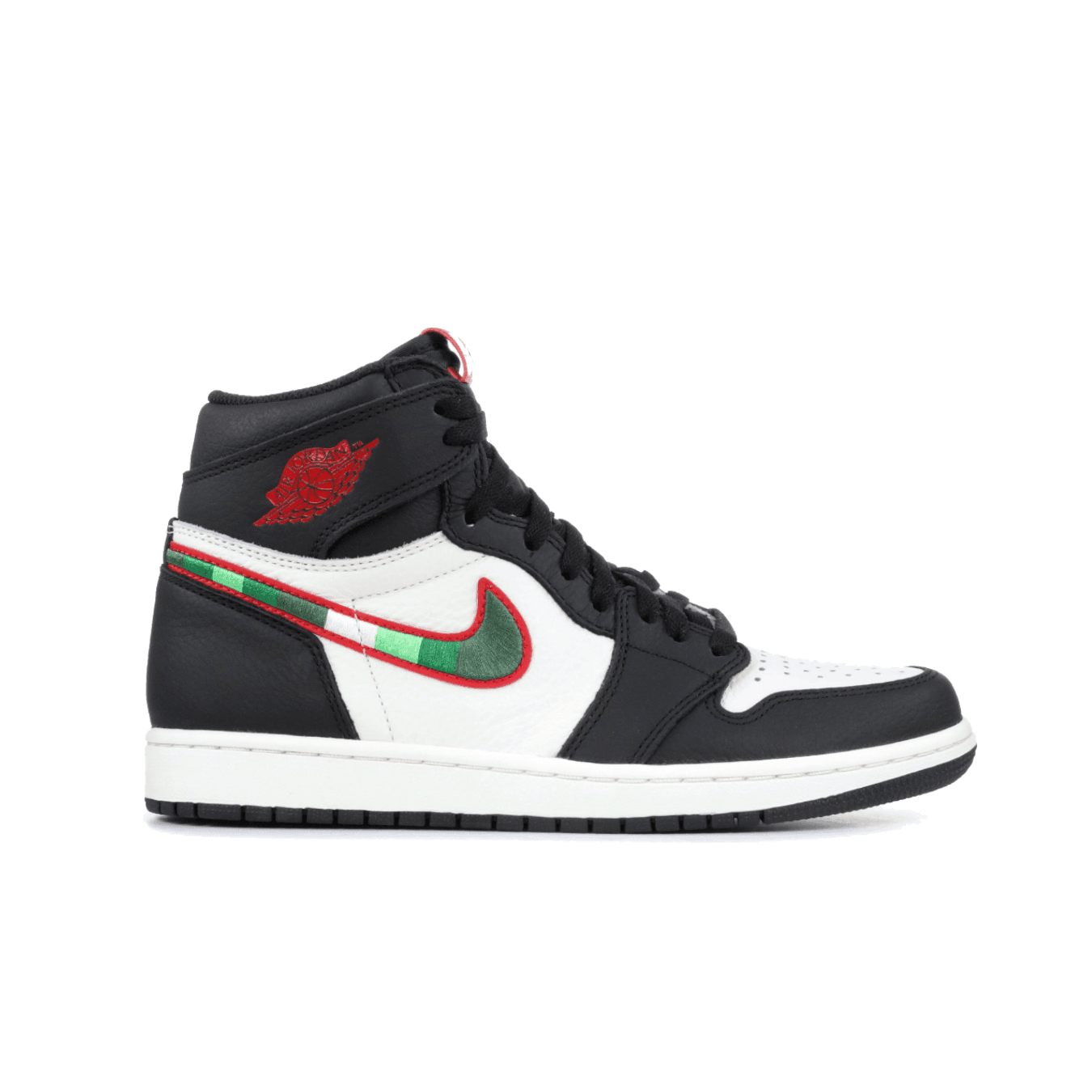 Jordan 1 Retro High Sports Illustrated sneakers featuring black, white, and Varsity Red colorway with iconic Swoosh design.