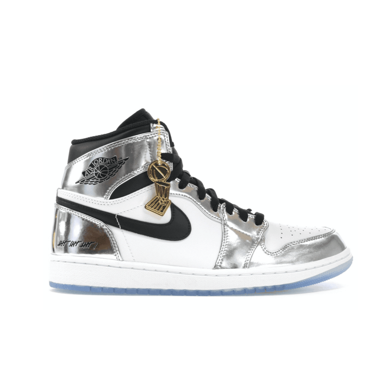 Air Jordan 1 Retro High 'Pass the Torch' featuring shiny silver and white upper, commemorating Kawhi Leonard.