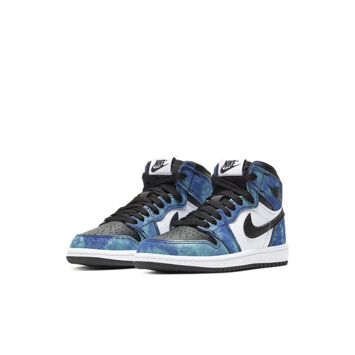 Air Jordan 1 Retro High Tie Dye PS in blue and black with white detailing, designed for young kids.