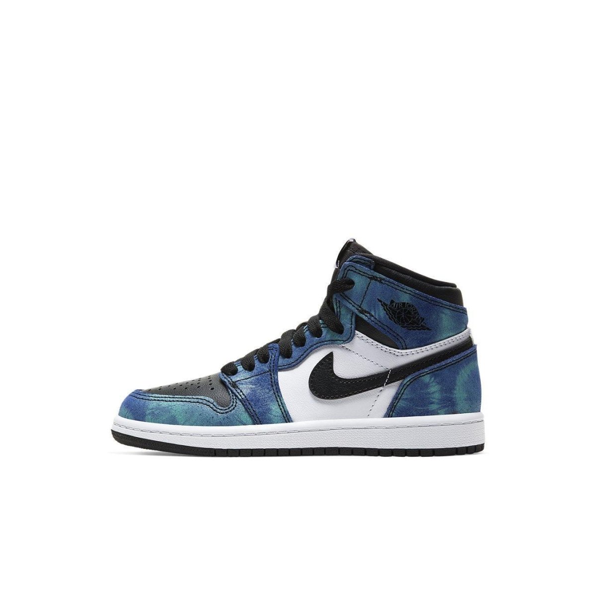 Air Jordan 1 Retro High Tie Dye PS sneaker in blue and black with white accents and psychedelic design.