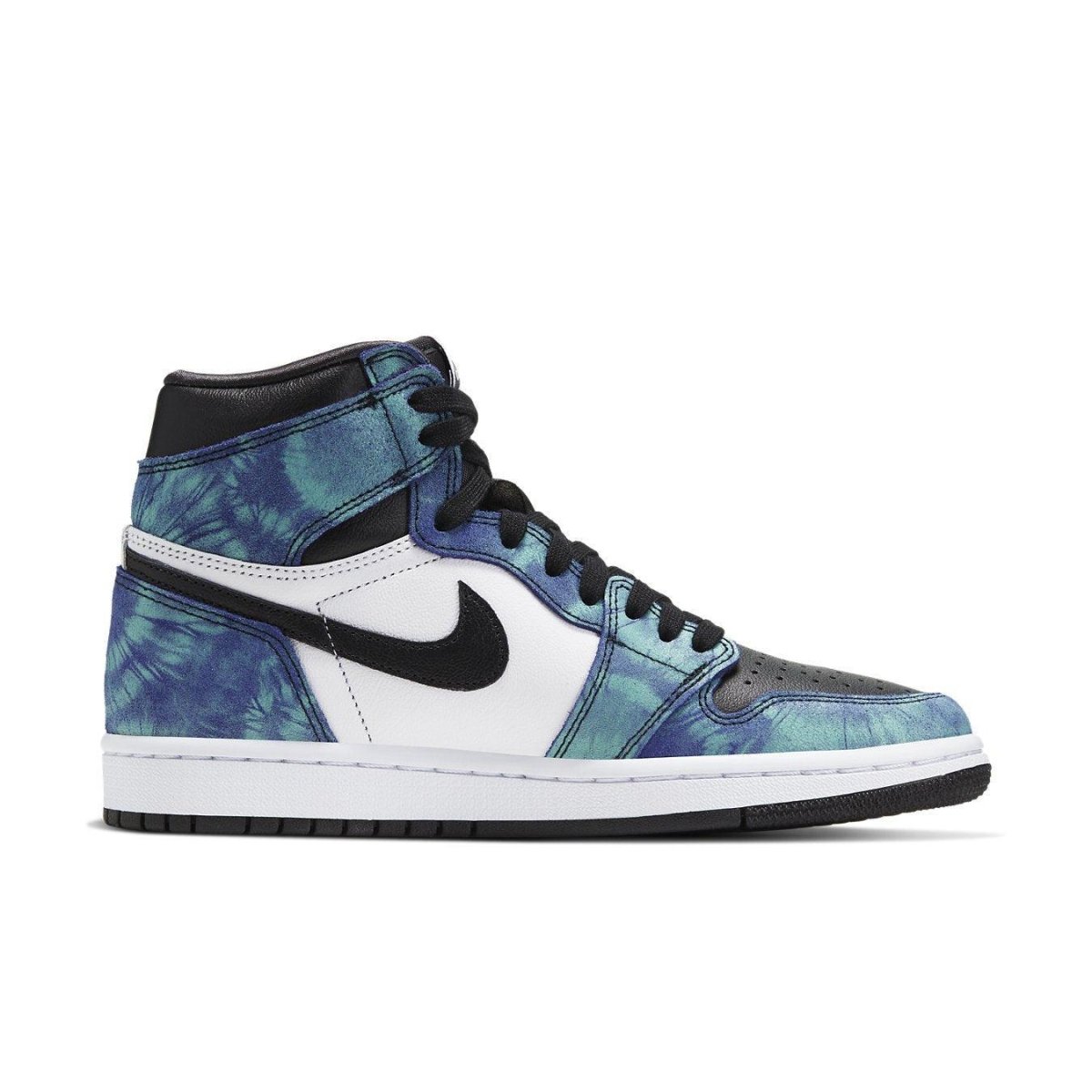Air Jordan 1 Retro High Tie Dye (W) sneaker featuring blue and teal tie-dye with black and white accents.