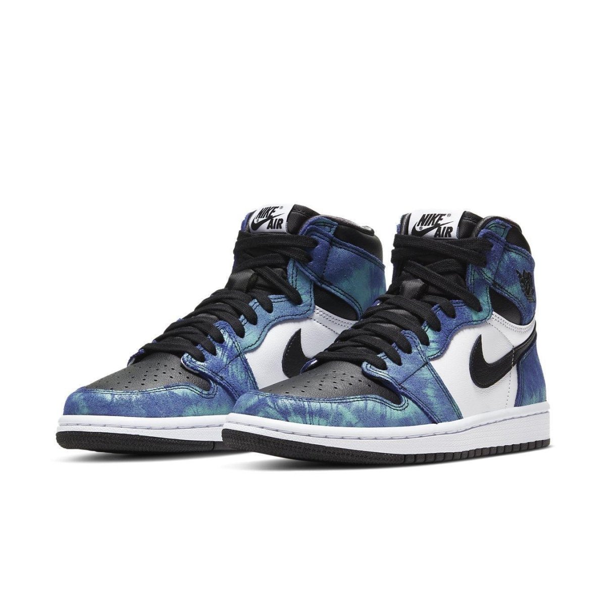 Jordan 1 Retro High Tie Dye (W) sneakers in blue and aqua with white and black detailing.