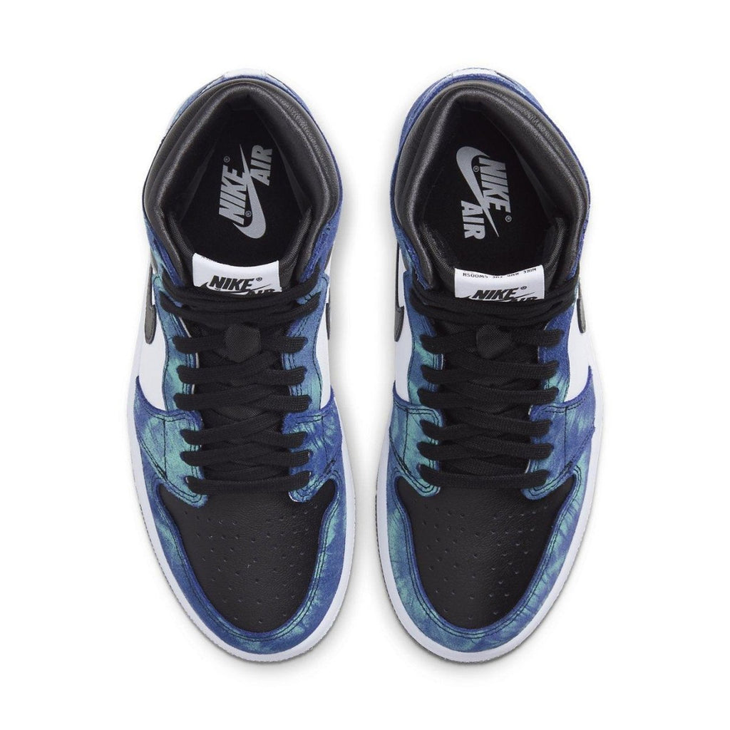Air Jordan 1 Retro High Tie Dye for women in black, blue, and aqua colorway with white branding.