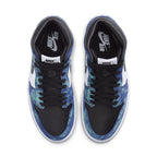 Air Jordan 1 Retro High Tie Dye for women in black, blue, and aqua colorway with white branding.