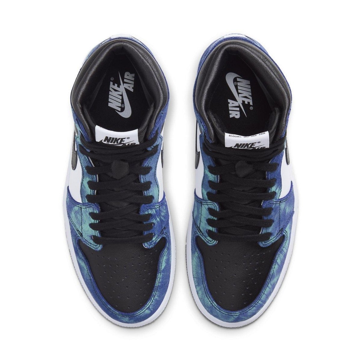 Air Jordan 1 Retro High Tie Dye for women in black, blue, and aqua colorway with white branding.