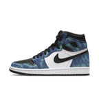 Air Jordan 1 Retro High Tie Dye (W) sneaker featuring blue and aqua tie-dye design with black and white accents.