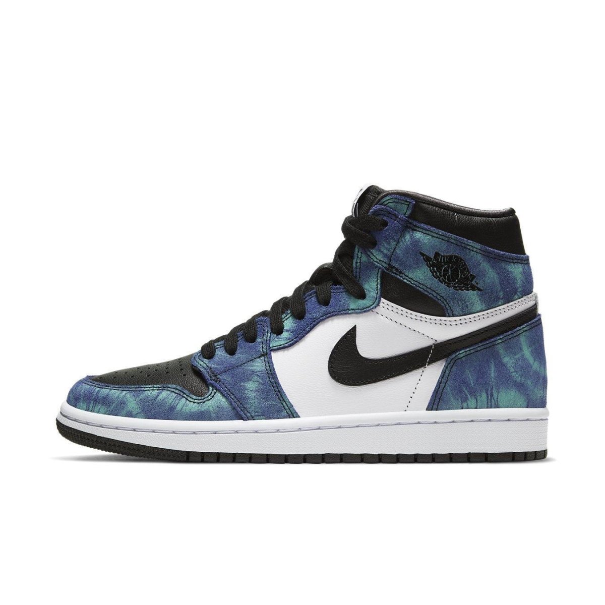 Air Jordan 1 Retro High Tie Dye (W) sneaker featuring blue and aqua tie-dye design with black and white accents.