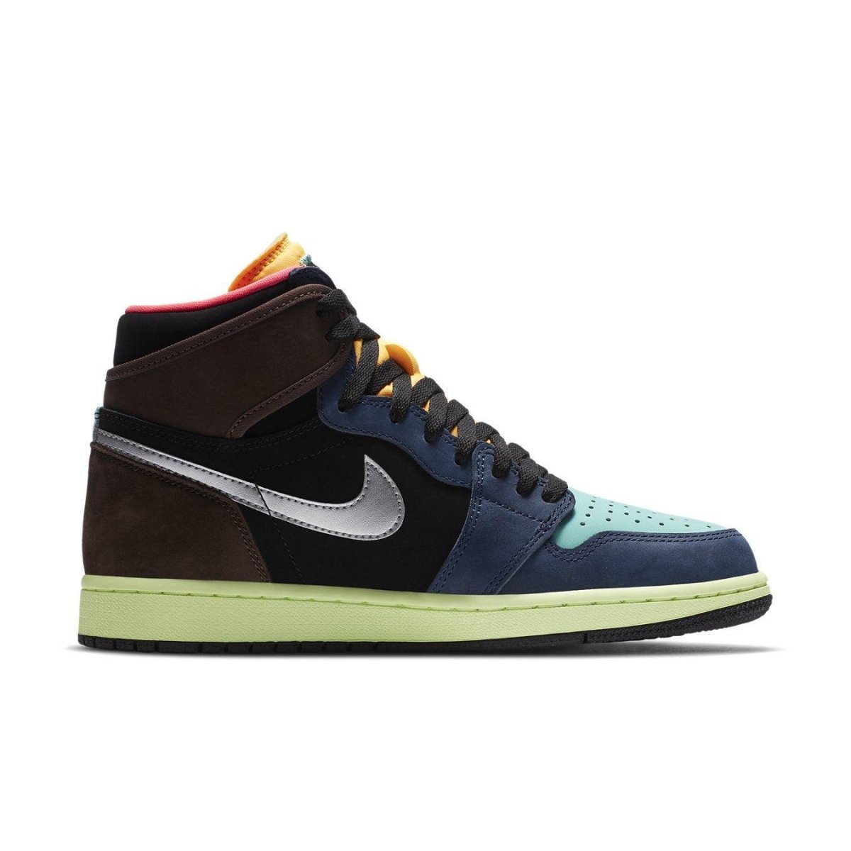 Air Jordan 1 Retro High Tokyo Bio Hack in multicolored suede and leather design with metallic Swoosh.