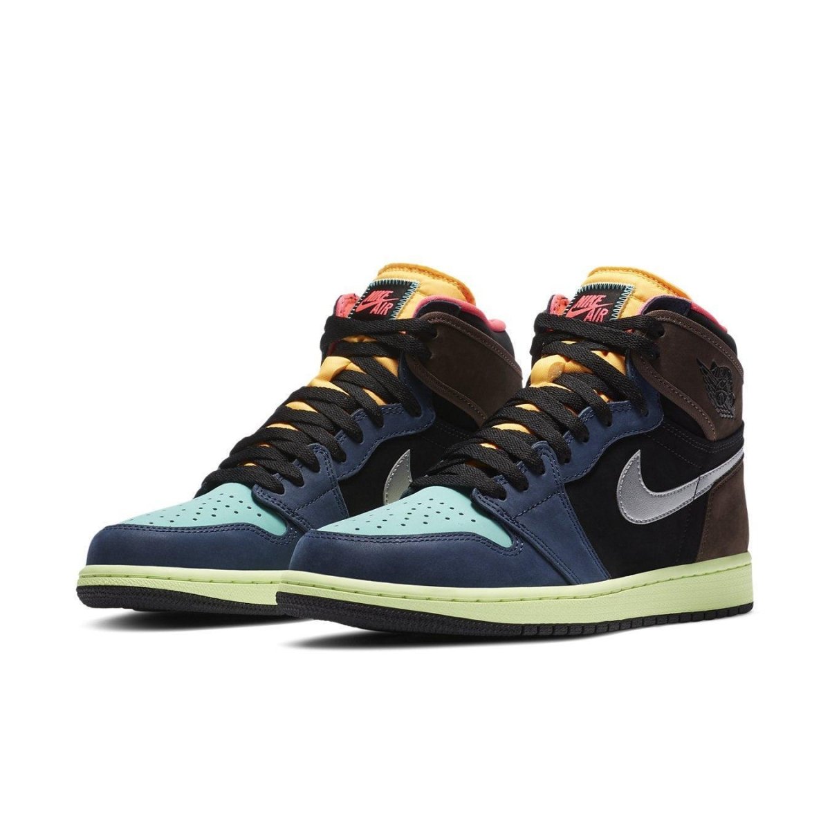 Air Jordan 1 Retro High Tokyo Bio Hack sneakers with colorful suede and leather design, featuring metallic Swoosh.