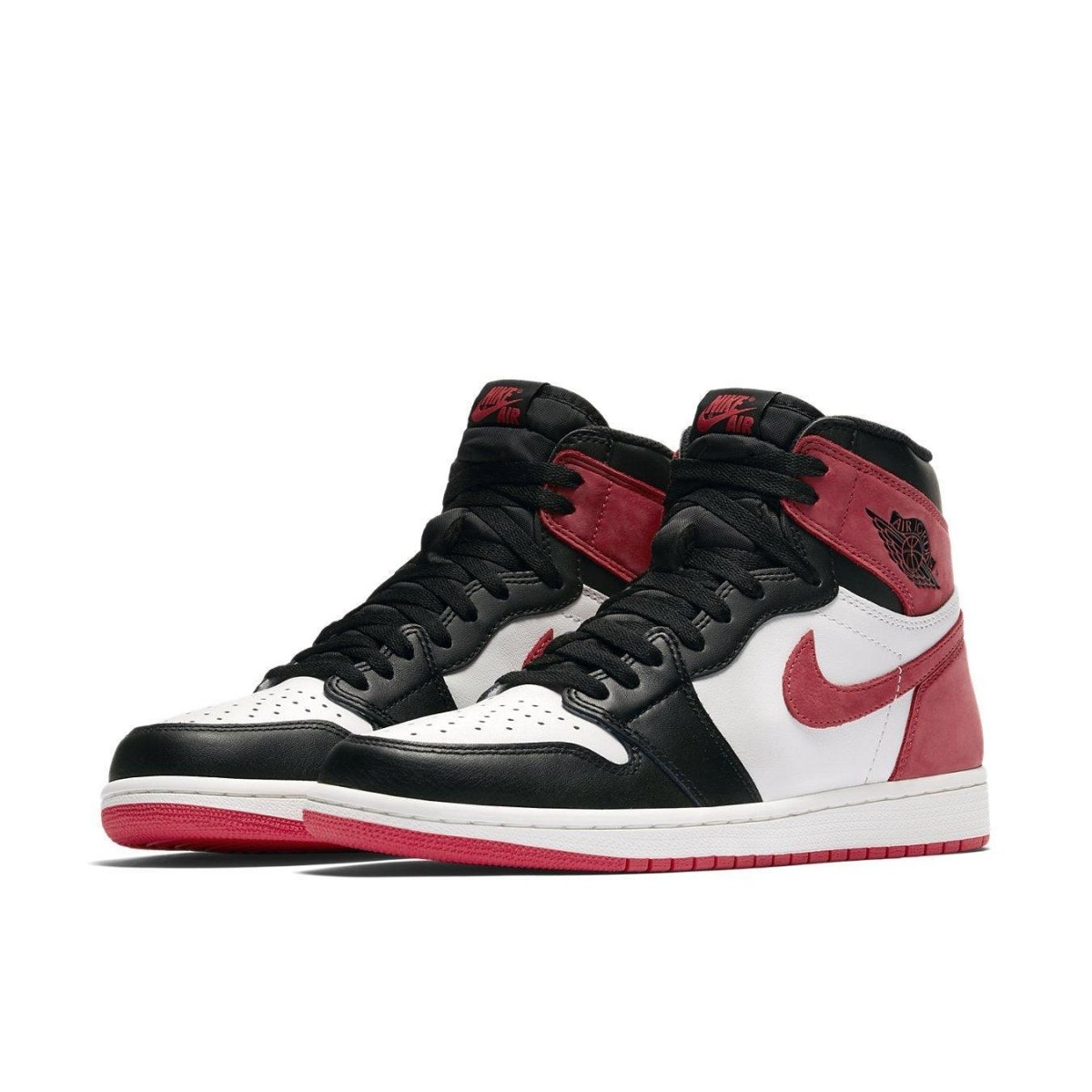 Air Jordan 1 Retro High Track Red sneakers featuring red, white, and black colorway, iconic basketball shoes.