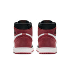 Back view of Jordan 1 Retro High Track Red sneakers, showcasing red, black, and white colorway.