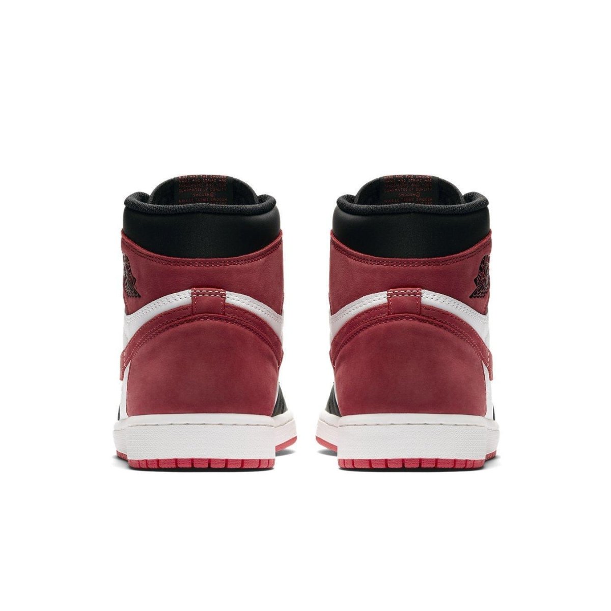 Back view of Jordan 1 Retro High Track Red sneakers, showcasing red, black, and white colorway.