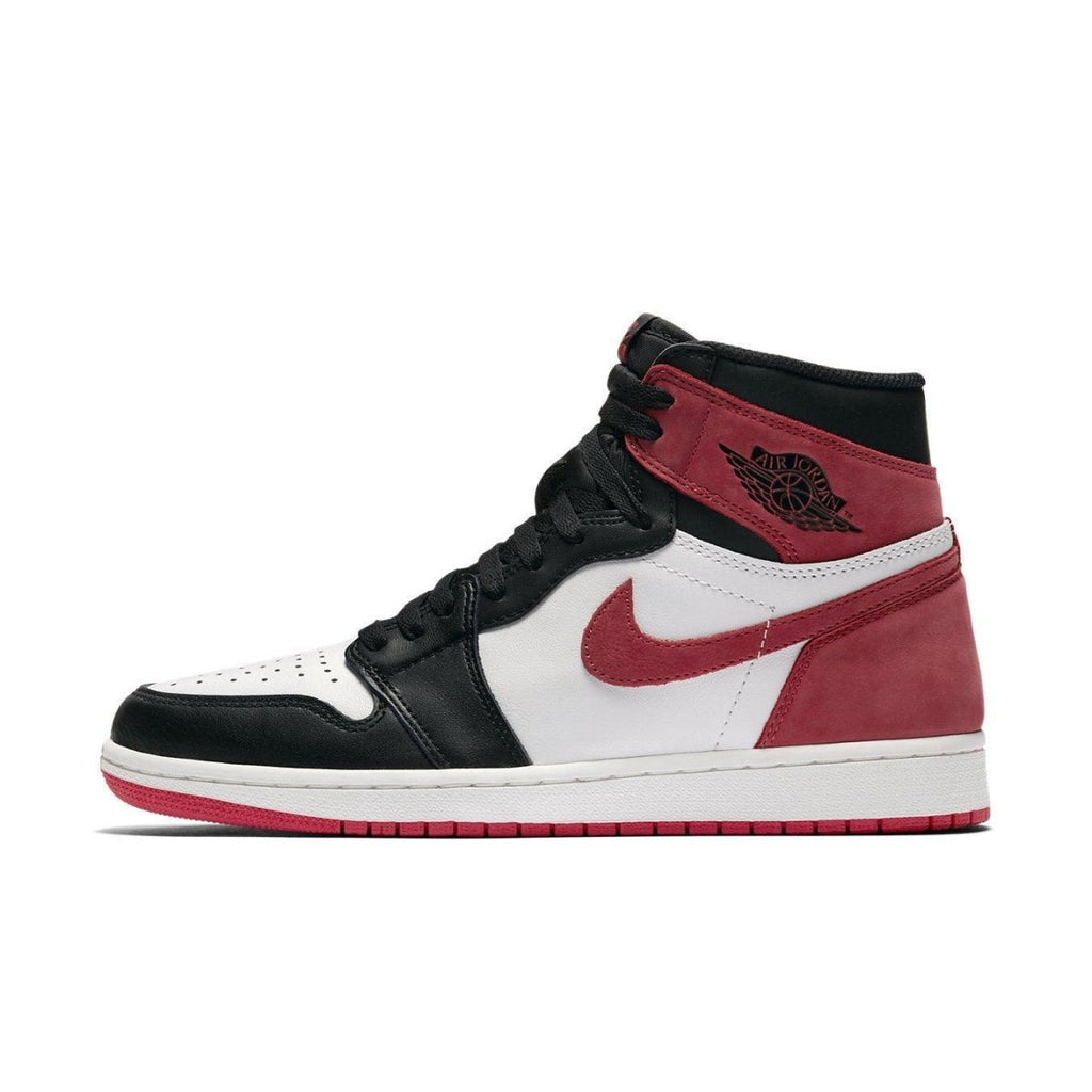 Air Jordan 1 Retro High Track Red sneaker featuring Chicago Bulls colorway in red, black, and white.