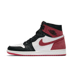 Air Jordan 1 Retro High Track Red sneaker featuring Chicago Bulls colorway in red, black, and white.
