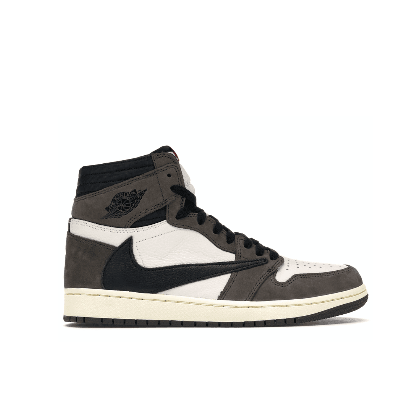 Travis Scott x Air Jordan 1 Retro High OG in white and earthy brown suede, featuring an oversized reverse Swoosh.