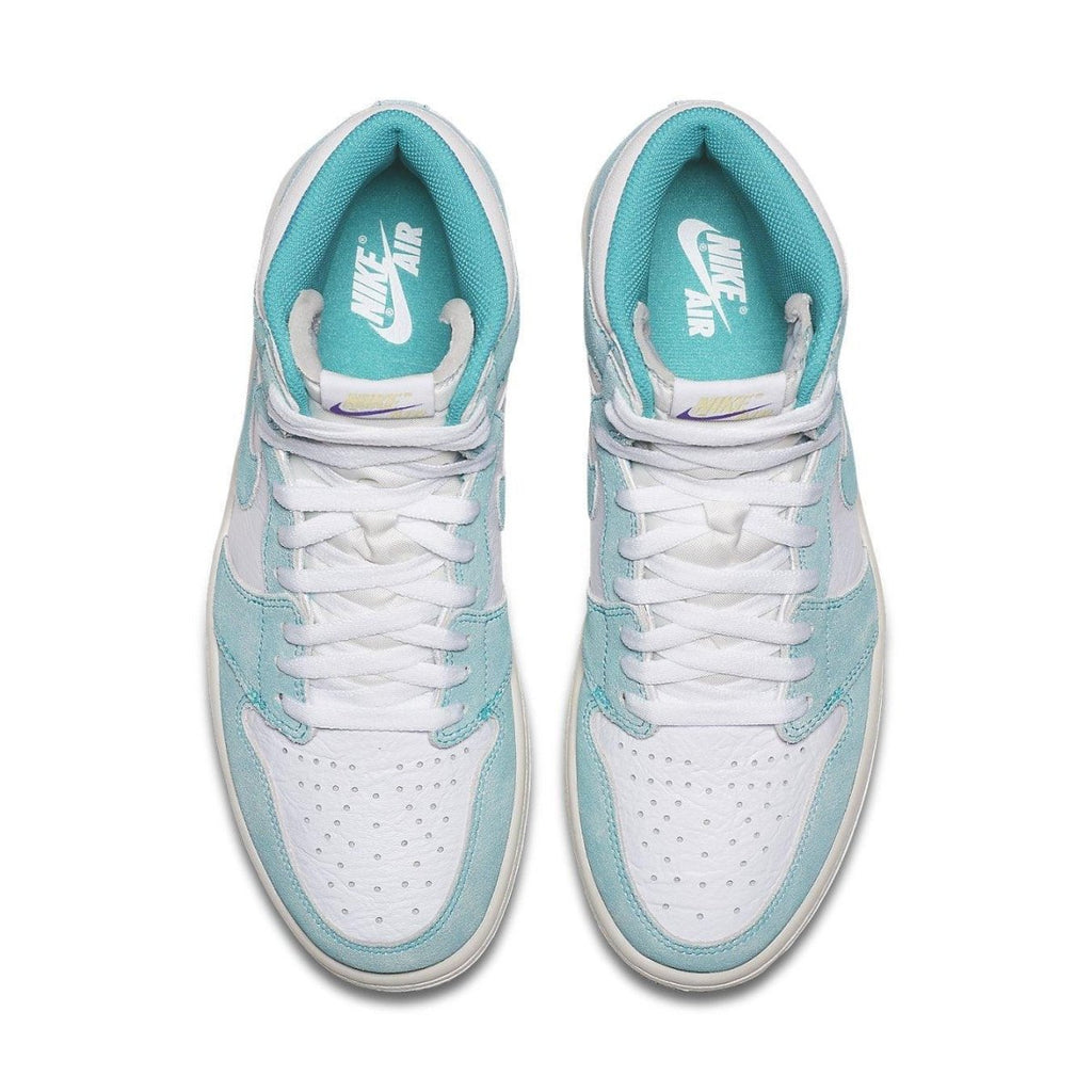 Top view of Air Jordan 1 Retro High Turbo Green, showcasing soft suede and textured white leather with vibrant details.