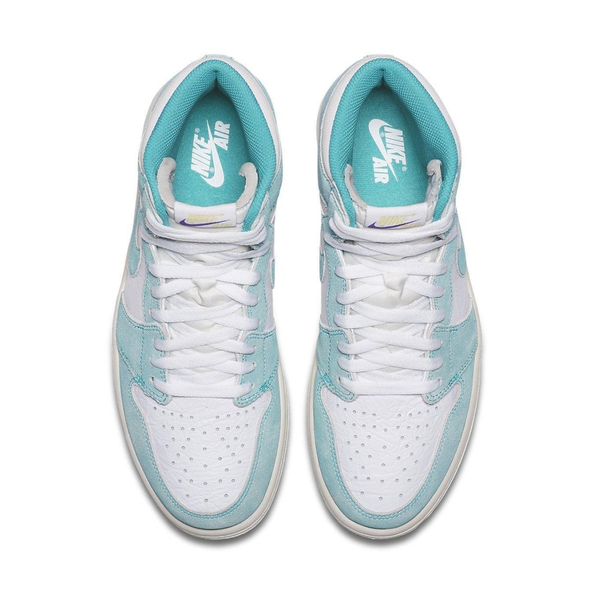 Top view of Air Jordan 1 Retro High Turbo Green, showcasing soft suede and textured white leather with vibrant details.