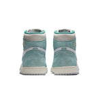 Back view of Air Jordan 1 Retro High Turbo Green featuring soft suede overlays and vintage off-white midsole.