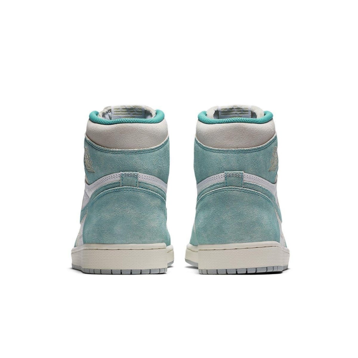 Back view of Air Jordan 1 Retro High Turbo Green featuring soft suede overlays and vintage off-white midsole.