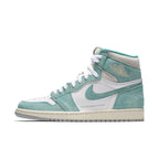 Air Jordan 1 Retro High Turbo Green sneaker showcasing soft suede overlays and white leather base.
